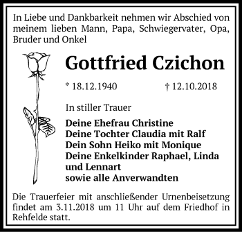 Traueranzeige von Gottfried Czichon von Märkische Oderzeitung