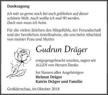 Traueranzeige von Gudrun Dräger von Märkische Oderzeitung