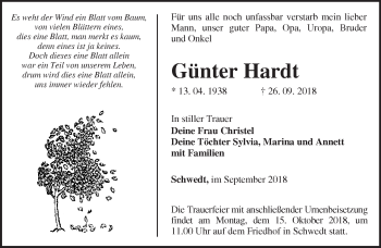 Traueranzeige von Günter Hardt von Märkische Oderzeitung