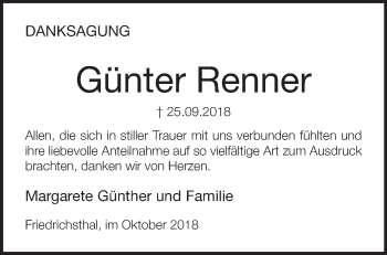 Traueranzeige von Günter Renner von Märkische Oderzeitung