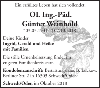 Traueranzeige von Günter Weinhold von Märkische Oderzeitung