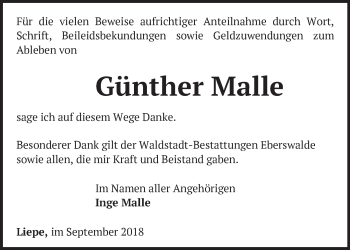 Traueranzeige von Günther Malle von Märkische Oderzeitung