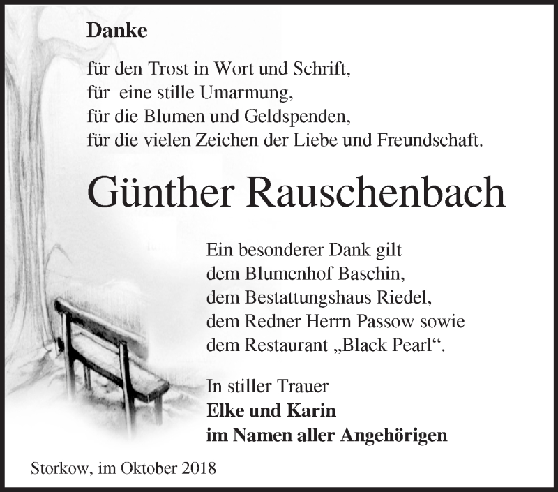  Traueranzeige für Günther Rauschenbach vom 13.10.2018 aus Märkische Oderzeitung