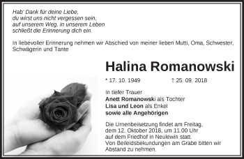 Traueranzeige von Halina Romanowski von Märkische Oderzeitung