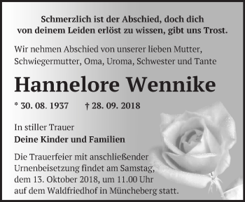 Traueranzeige von Hannelore Wennike von Märkische Oderzeitung