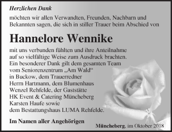 Traueranzeige von Hannelore Wennike von Märkische Oderzeitung