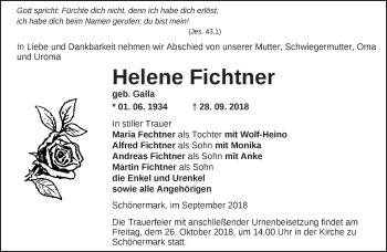 Traueranzeige von Helene Fichtner von Märkische Oderzeitung