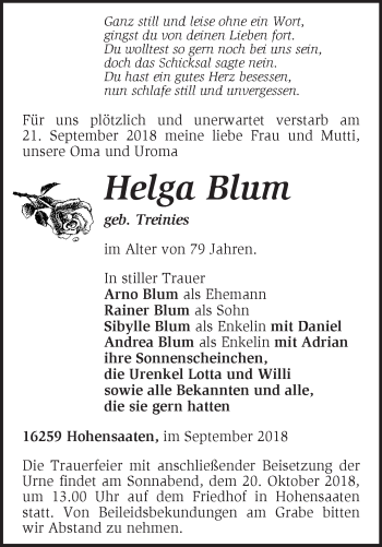 Traueranzeige von Helga Blum von Märkische Oderzeitung