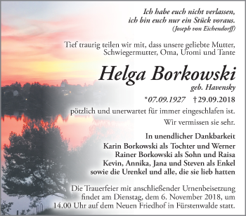 Traueranzeige von Helga Borkowski von Märkische Oderzeitung