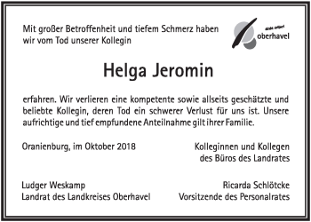 Traueranzeige von Helga Jeromin von Märkische Oderzeitung