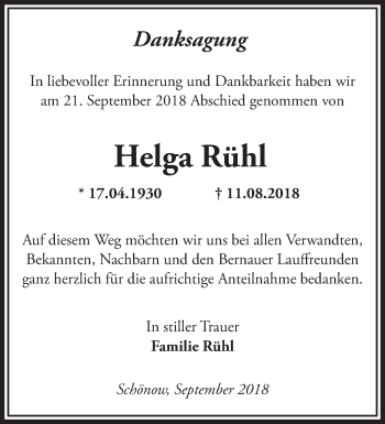 Traueranzeige von Helga Rühl von Märkische Oderzeitung