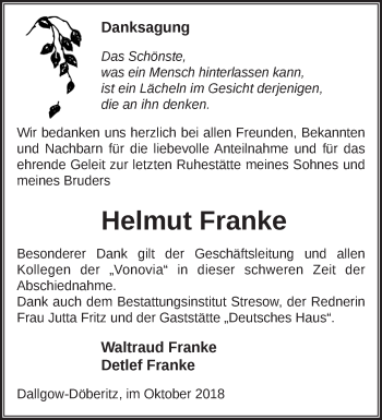 Traueranzeige von Helmut Franke von Märkische Oderzeitung