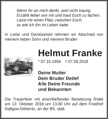 Traueranzeige von Helmut Franke von Märkische Oderzeitung