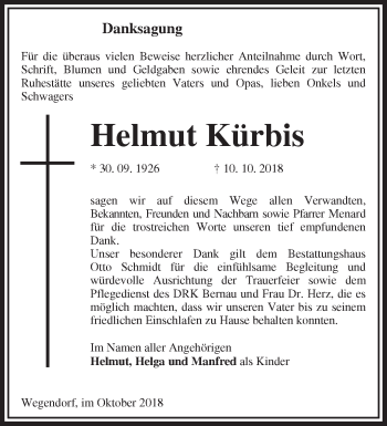 Traueranzeige von Helmut Kürbis von Märkische Oderzeitung