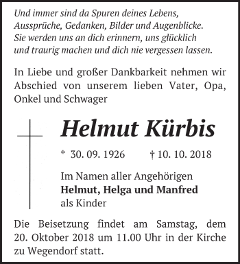 Traueranzeige von Helmut Kürbis von Märkische Oderzeitung