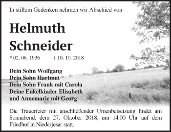 Traueranzeige von Helmuth Schneider von Märkische Oderzeitung