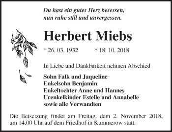 Traueranzeige von Herbert Miebs von Märkische Oderzeitung