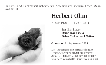 Traueranzeige von Herbert Ohm von Märkische Oderzeitung