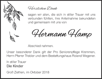 Traueranzeige von Hermann Hamp von Märkische Oderzeitung