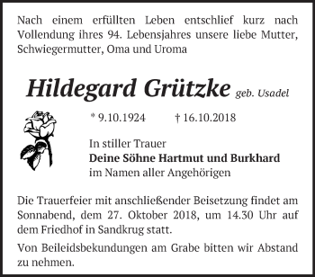 Traueranzeige von Hildegard Grützke von Märkische Oderzeitung