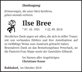 Traueranzeige von Ilse Bree von Märkische Oderzeitung