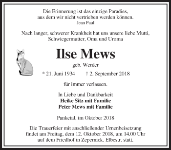 Traueranzeige von Ilse Mews von Märkische Oderzeitung