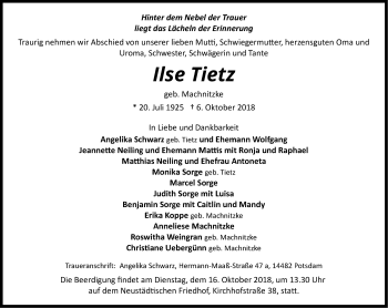 Traueranzeige von Ilse Tietz von Märkische Oderzeitung