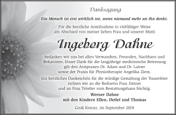 Traueranzeige von Ingeborg Dahne von Märkische Oderzeitung