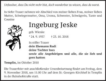 Traueranzeige von Ingeburg Jeske von Märkische Oderzeitung