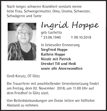 Traueranzeige von Ingrid Hoppe von Märkische Oderzeitung