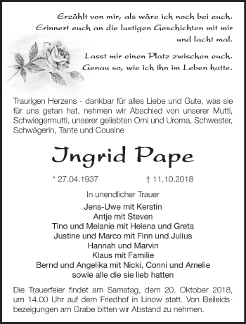 Traueranzeige von Ingrid Pape von Märkische Oderzeitung