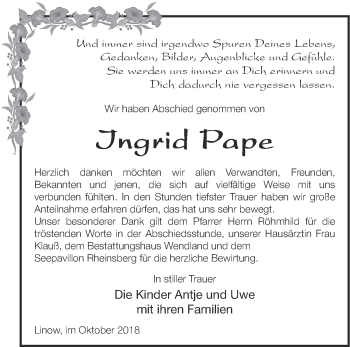 Traueranzeige von Ingrid Pape von Märkische Oderzeitung