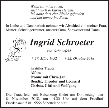 Traueranzeige von Ingrid Schroeter von Märkische Oderzeitung