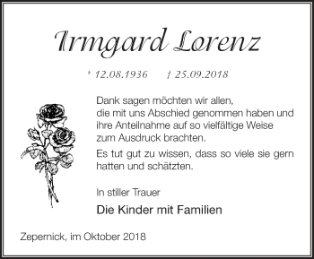 Traueranzeige von Irmgard Lorenz von Märkische Oderzeitung