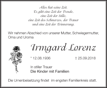 Traueranzeige von Irmgard Lorenz von Märkische Oderzeitung