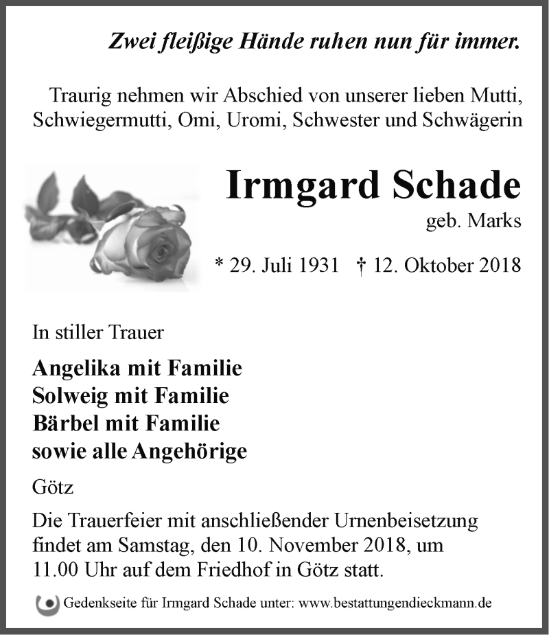  Traueranzeige für Irmgard Schade vom 21.10.2018 aus Märkische Oderzeitung