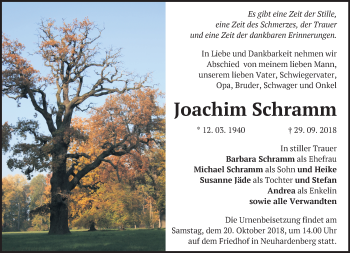 Traueranzeige von Joachim Schramm von Märkische Oderzeitung