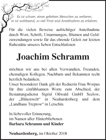 Traueranzeige von Joachim Schramm von Märkische Oderzeitung