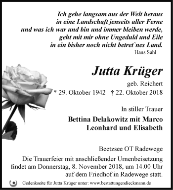 Traueranzeige von Jutta Krüger von Märkische Oderzeitung