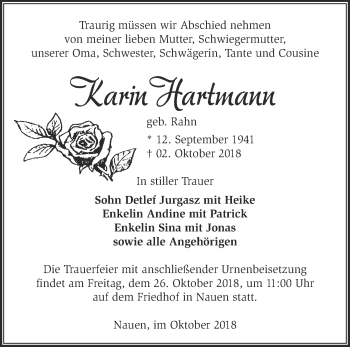 Traueranzeige von Karin Hartmann von Märkische Oderzeitung