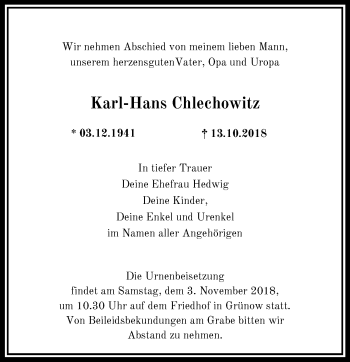 Traueranzeige von Karl-Hans Chlechowitz von Märkische Oderzeitung