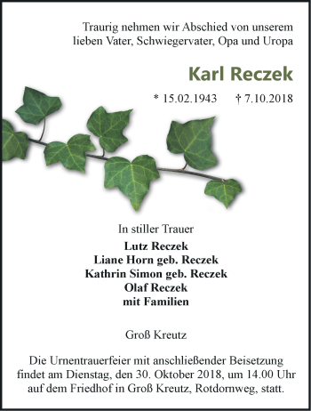 Traueranzeige von Karl Reczek von Märkische Oderzeitung