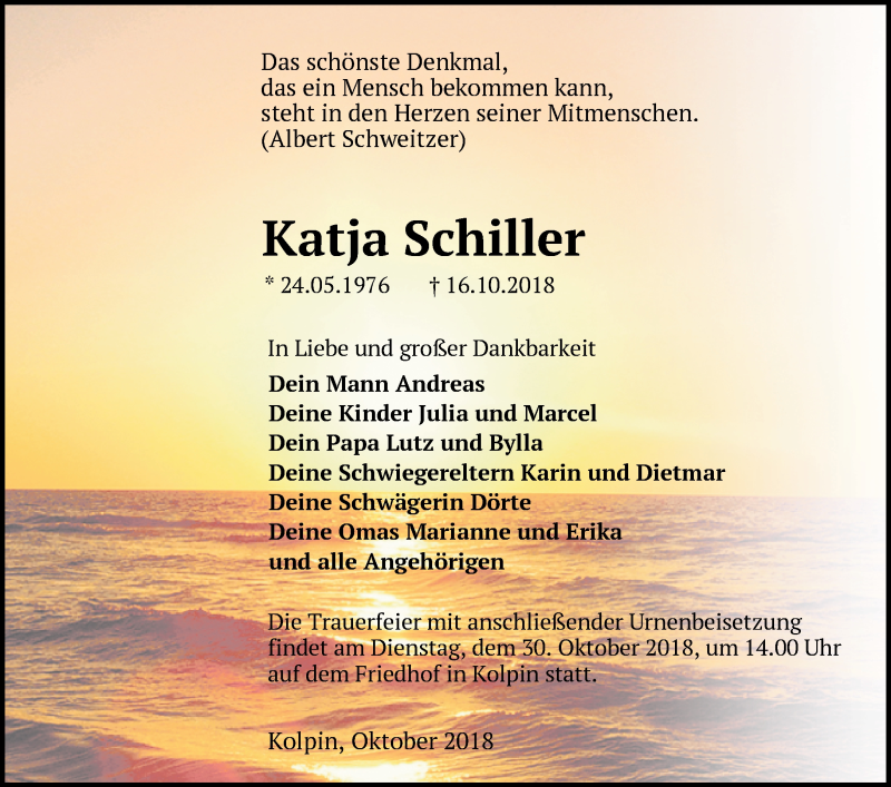  Traueranzeige für Katja Schiller vom 20.10.2018 aus Märkische Oderzeitung