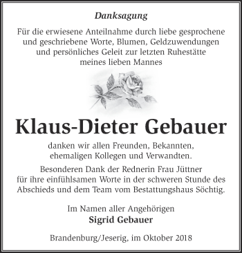 Traueranzeige von Klaus-Dieter Gebauer von Märkische Oderzeitung