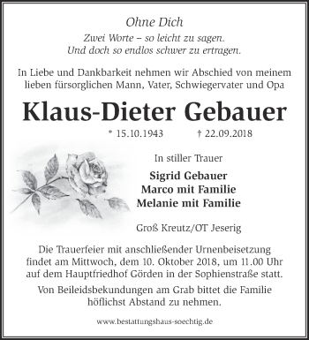 Traueranzeige von Klaus-Dieter Gebauer von Märkische Oderzeitung