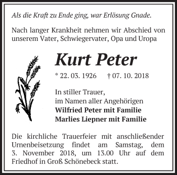 Traueranzeige von Kurt Peter von Märkische Oderzeitung