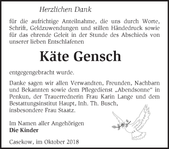 Traueranzeige von Käte Gensch von Märkische Oderzeitung