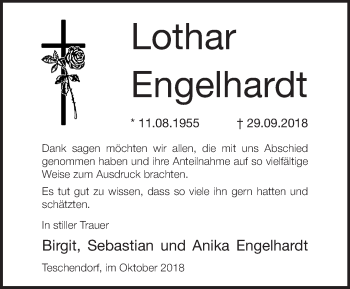 Traueranzeige von Lothar Engelhardt von Märkische Oderzeitung