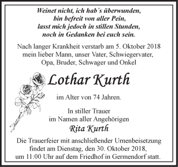 Traueranzeige von Lothar Kurth von Märkische Oderzeitung