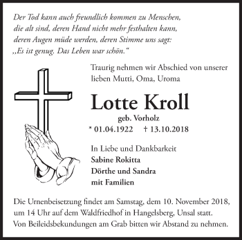 Traueranzeige von Lotte Kroll von Märkische Oderzeitung